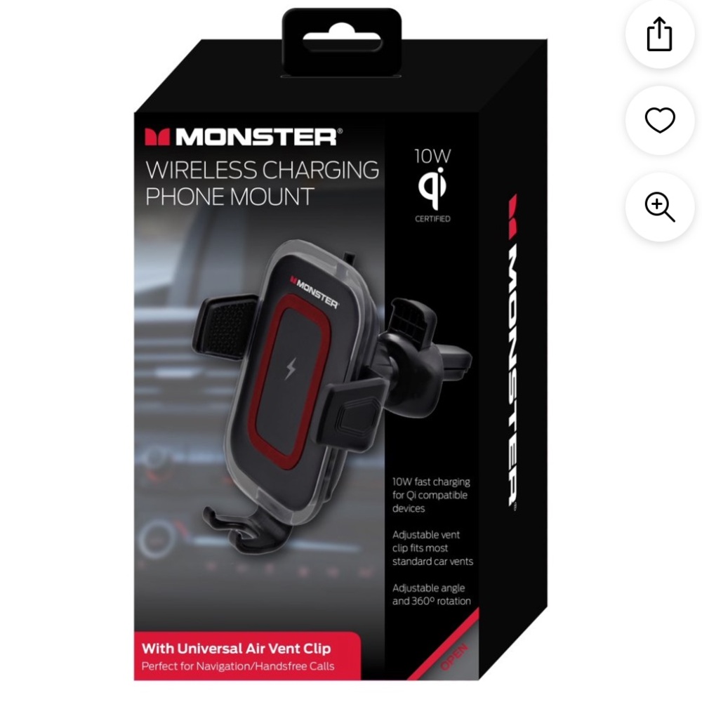 Monster 10W Wireless Charging Mount Dashboard Air Vent Universal Clip USB C